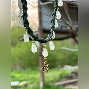 Green Faux Suede choker w/ gold birdhouse
